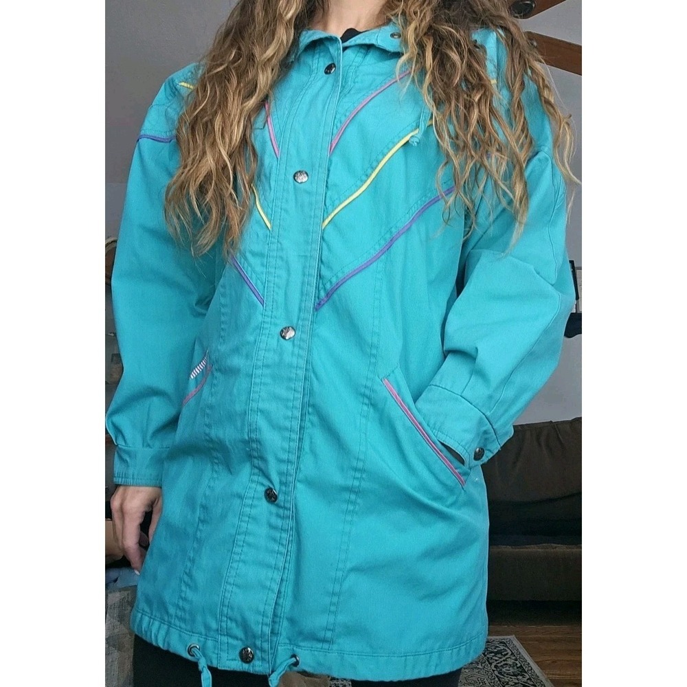 Vintage New York Girl Coat Women S 4/6 Blue Long Parka Nylon Cotton Poly Neon